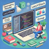 SwiftUIでアプリ開発に取り組む開発者のイラスト。ラップトップの画面にはGeometryReader、LazyVStack、Divider、Group、SpacerなどのUIコンポーネントが表示され、創造性と生産性を感じさせる温かみのある作業空間が描かれています。